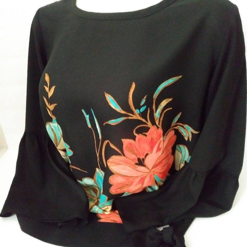 JM Collection Black Floral Blouse 3/4 Sleeve - Picture 1 of 12